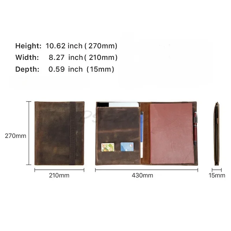 Retro Notebook Briefcase Folder B5 Document Book Cover Business Crazy Horse Leather Contract File Organizer