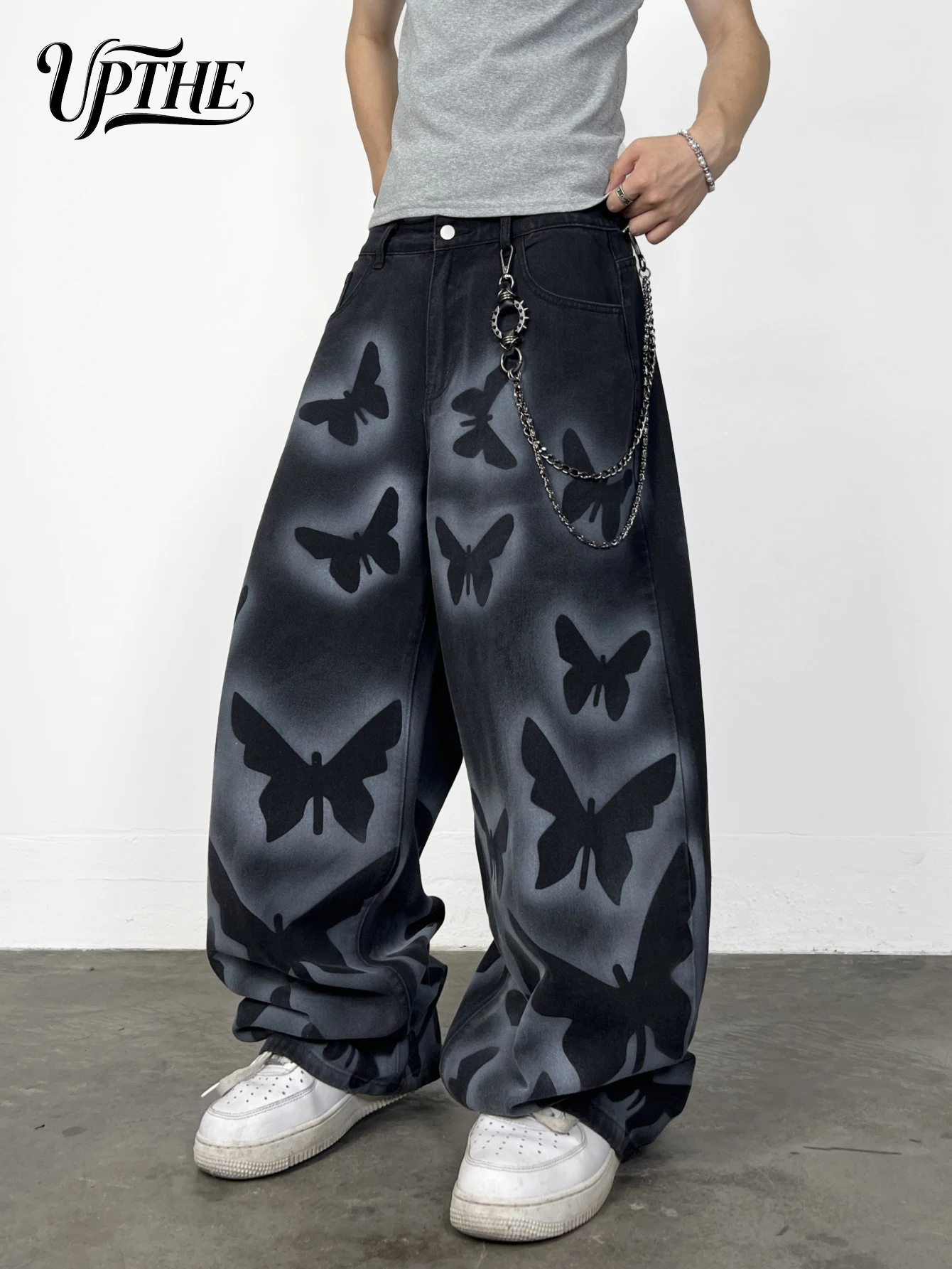 UPTHE Men's Baggy Wide Leg Black Jeans, Butterfly Print Gradient Washed Denim Pants, Oversized Loose Fit Y2K Hip Hop Streetwear Jeans for Men