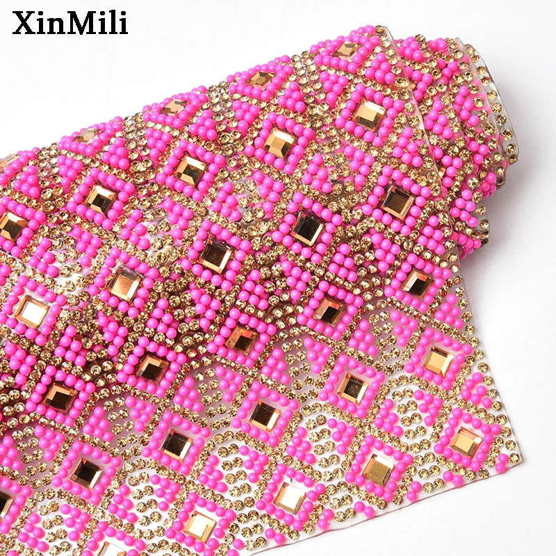 Hot Pink Black Hot Fix Glass Rhinestone Mesh Banding Self Adhesive Crystal Beaded Strass Sticker Sheet Diy Cars Home Garment