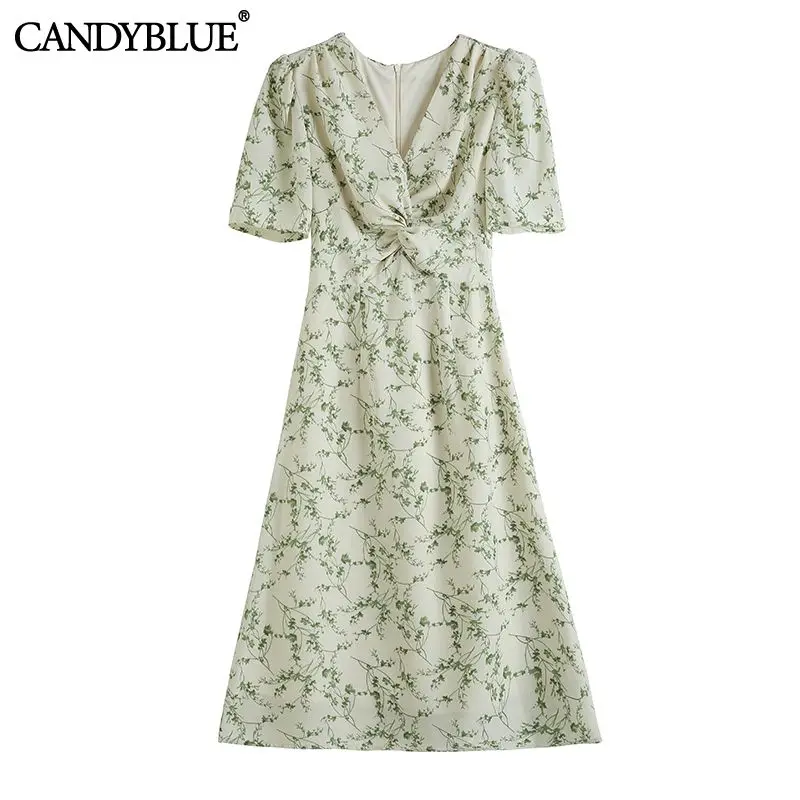 

Green Floral Printing Chiffon French V-Neck Women's Dress Short Sleeve A-Line Elegant Chic Summer Dresses For Women 2022