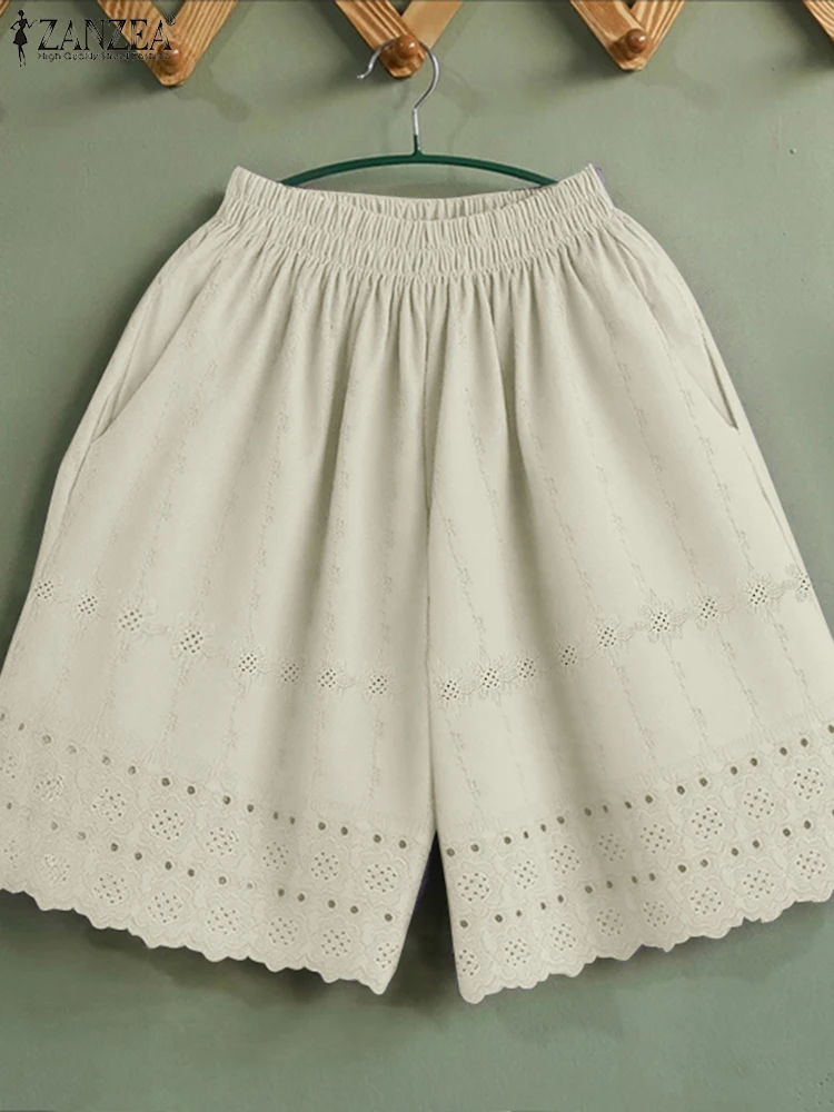Cotton Solid Shorts Women Casual Loose Lace Bottoms ZANZEA 2025 Summer Elastic Waist Pockets Short Trousers Oversized