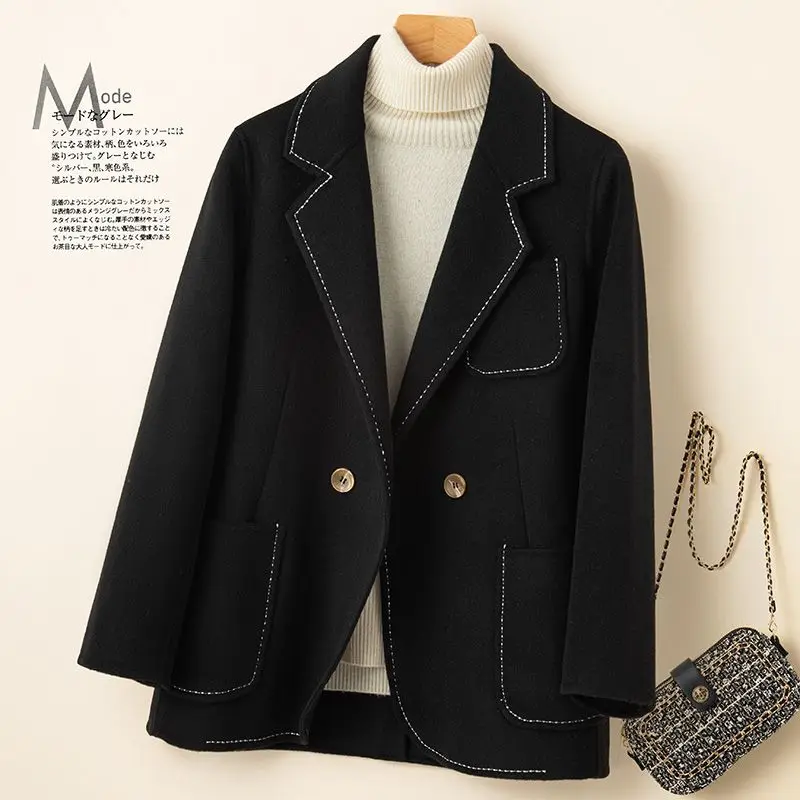 

2024 Spring Autumn New Double Breasted Buckle Short Woolen Coat Women Korean Jacket Casual Woolen Blend Black Outwear Coat Tops