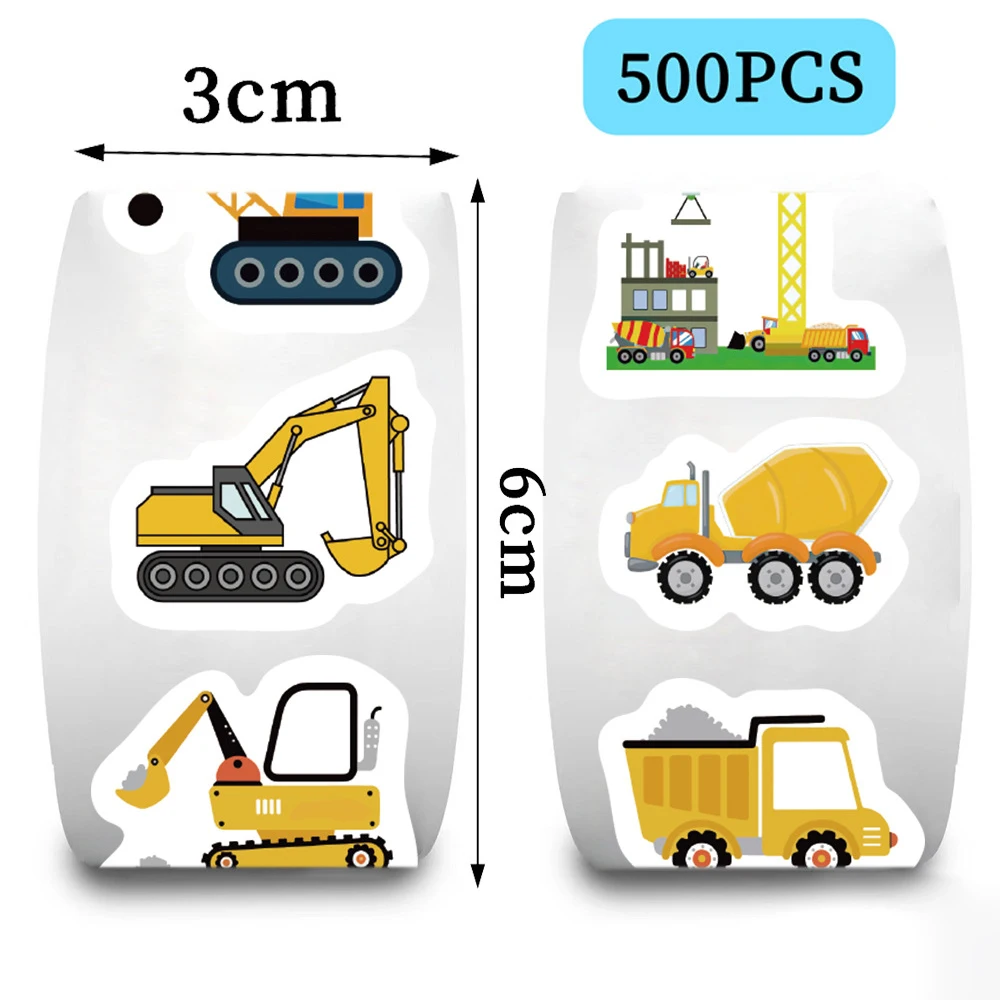 

500pcs Engineering Vehicle Cartoon Stickers Roll Cute Truck Excavator Seal Label Decoration Decals DIY Laptop Kid Reward Sticker