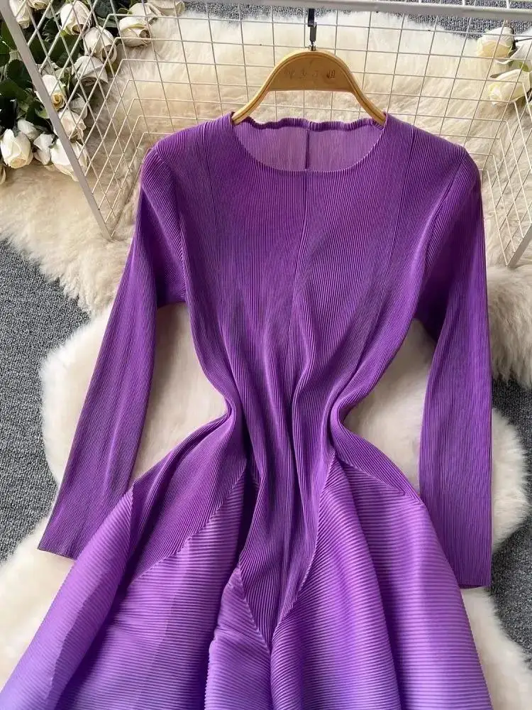 Women Long Sleeve O Neck High Stretch Pleated Draped Ball Gown Dress Autumn Fashion Gradient Halo Dyeing Oversized Robe Vestidos