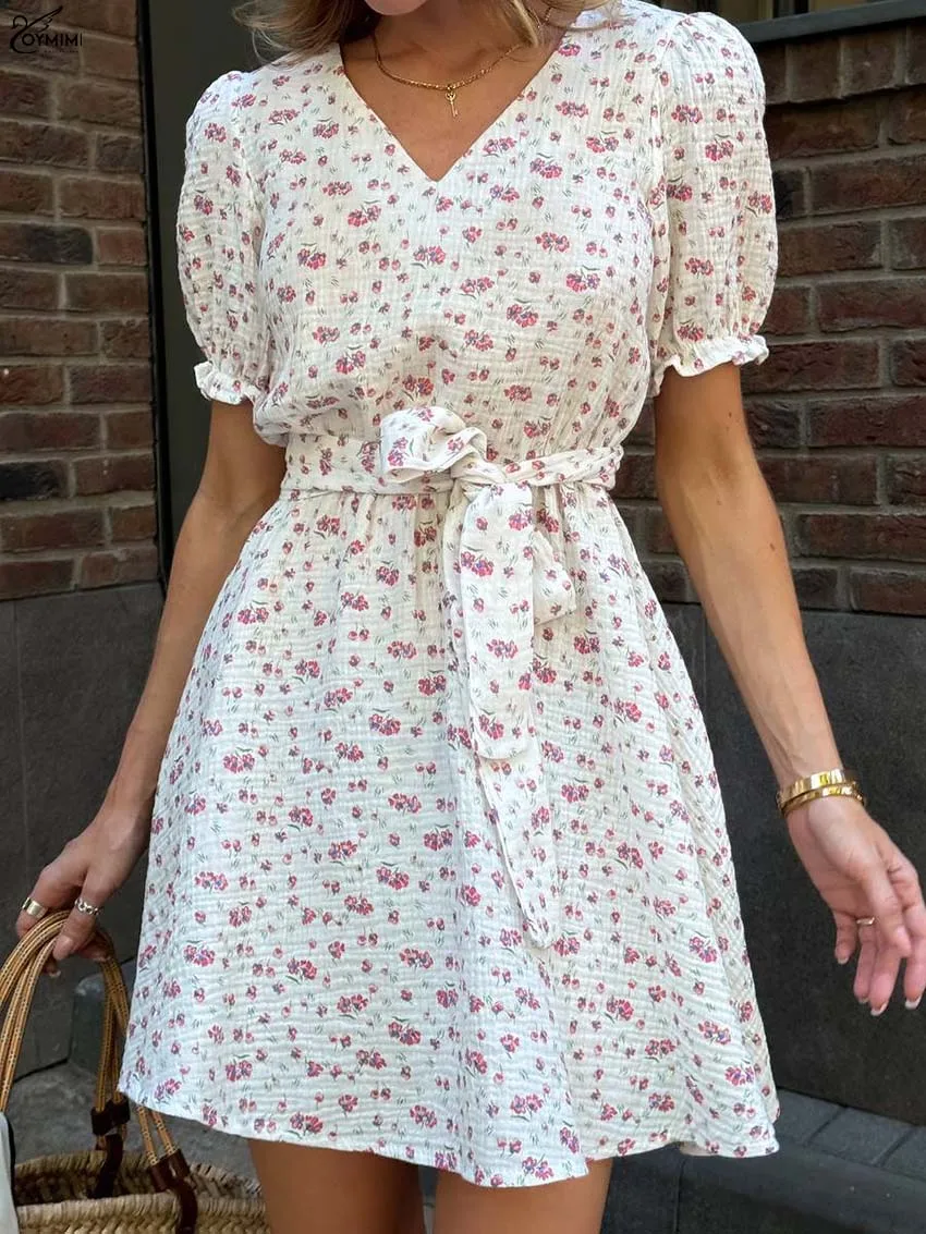 

Oymimi Fashion Apricot Print Womens Dresses Elegant V-Neck Short Sleeve Lace-Up Dresses Autumn New A-Line Mini Dress Streetwear