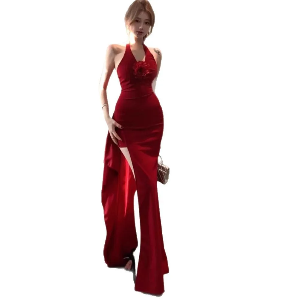 Dresses 2025 Woman Halter Neck Leace-up Backless Slim Solid Color Slit Elegant Temperament Trendy Fashion 3d Flowers Hot Style