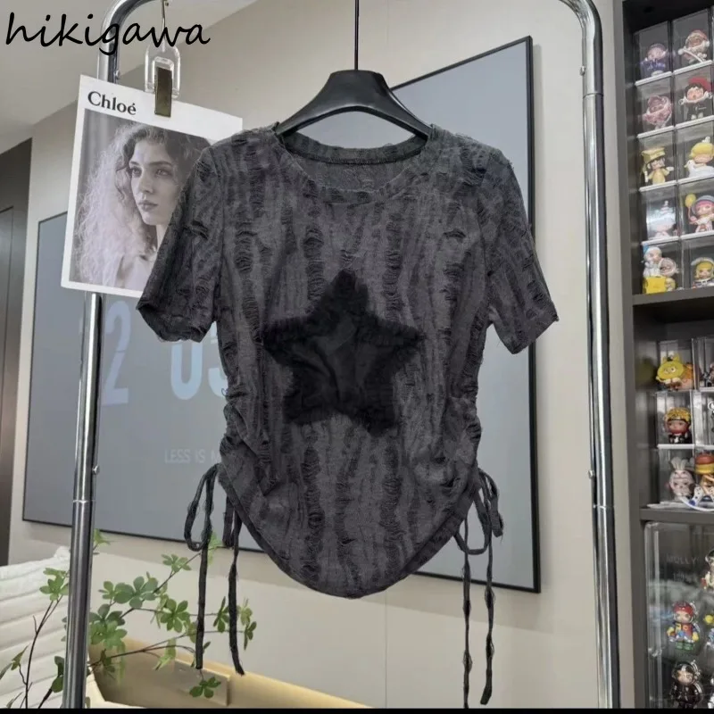 Białe koszule damskie letnie Harajuku koszulki z okrągłym dekoltem z krótkim rękawem z gwiazdkami swetry typu oversize casualowe eleganckie t-shirty