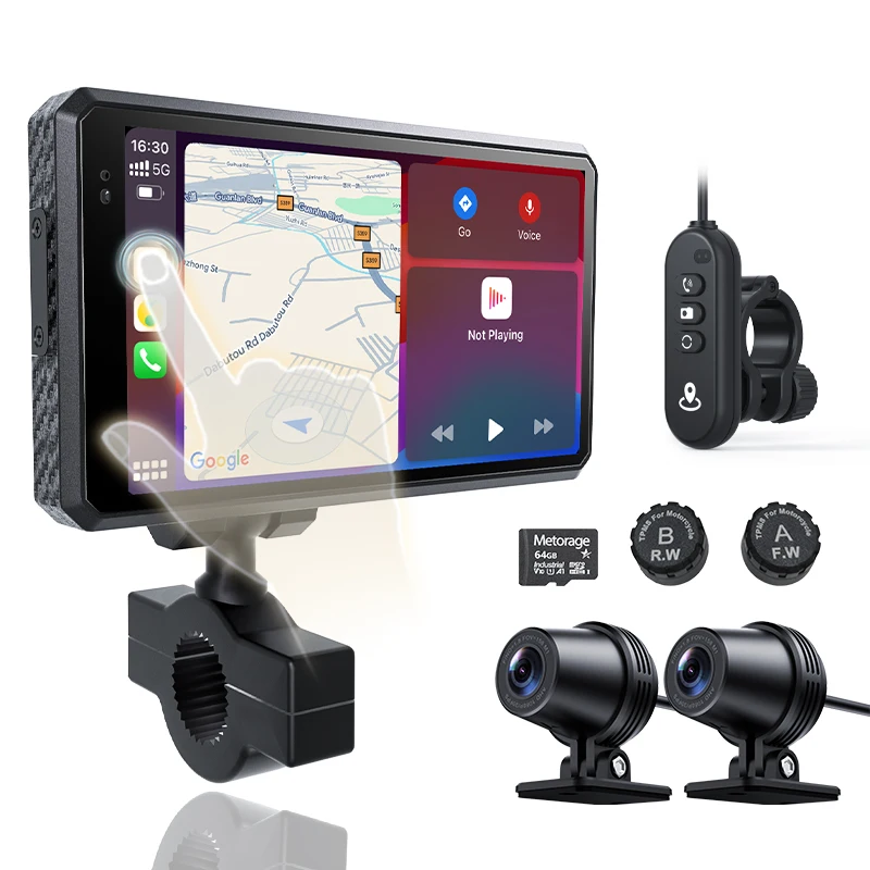 Mercylion T5 Motorcycle Dashcam with Wireless Apple CarPlay Android Auto TPMS, Front & Rear QHD 2K Camera