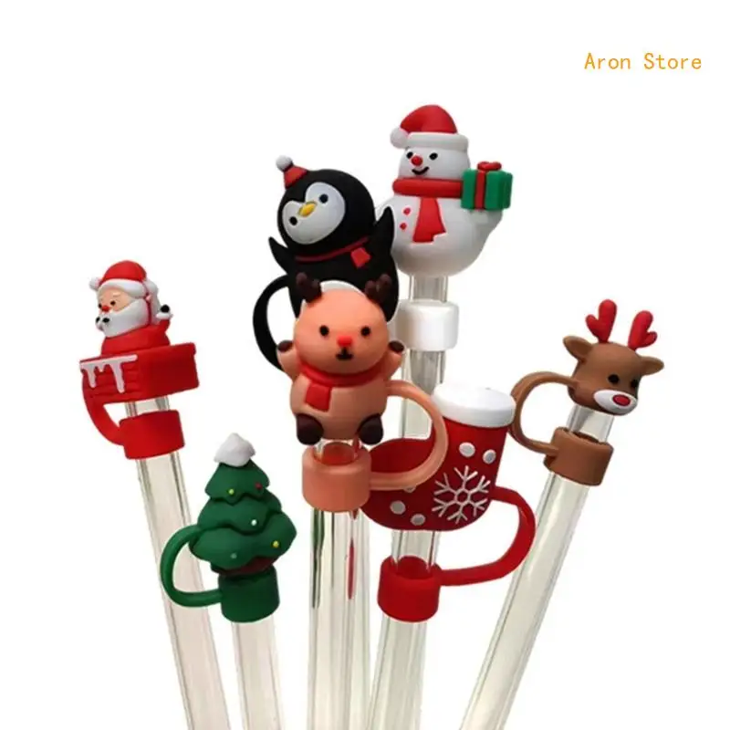 Durable Straw Covers Set, Portable, Dustproof, Toppers Lid, Christmas Cartoon, Tip Party Supplies, H3CF, Set of 7