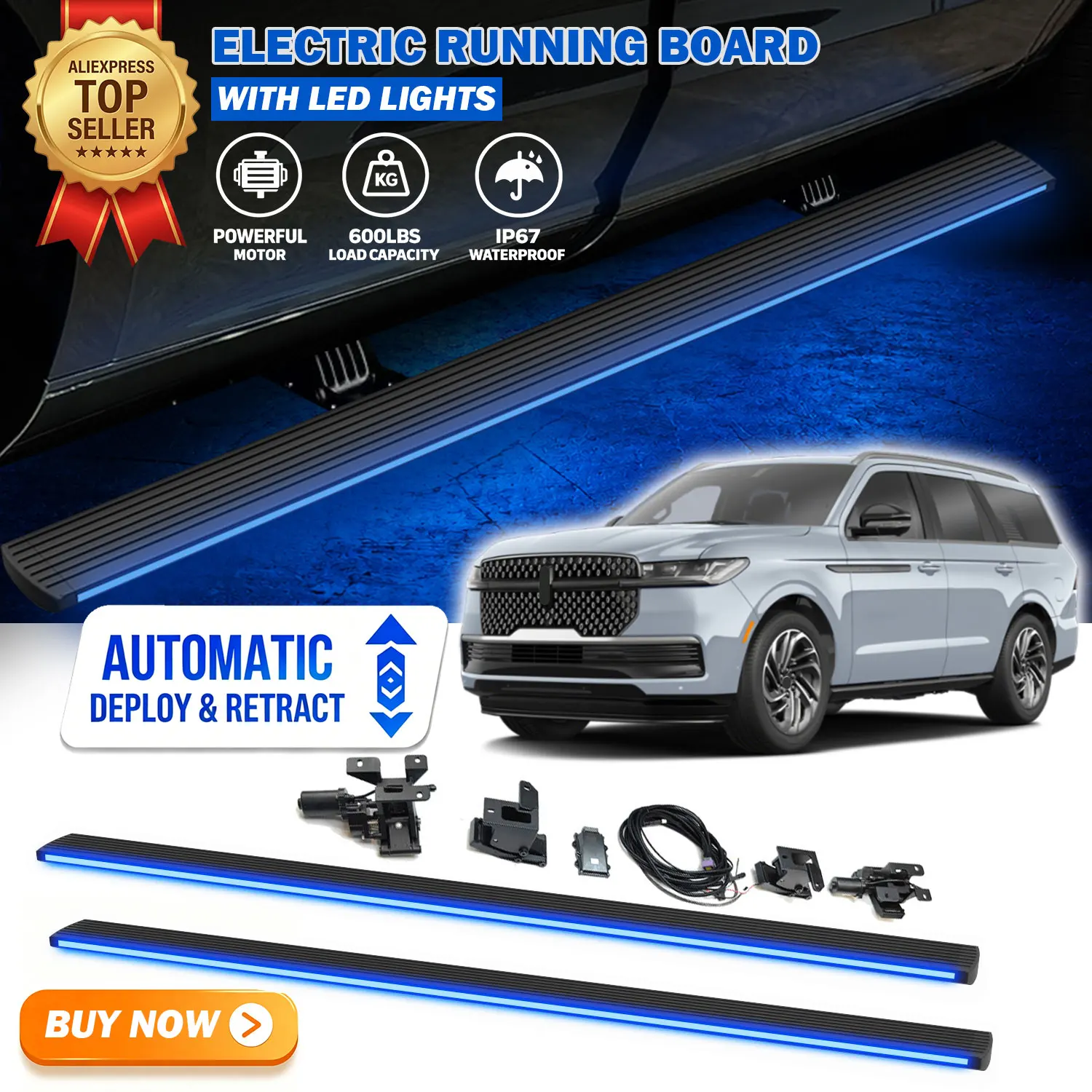 Fits For Lincoln Navigator 2018-2023 Deployable Power Electric Running Boards with LED Light Strips Side Step Nerf Bars