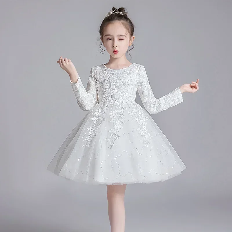 Fashion Girls Dresses for Party and Wedding Lace Long Sleeve Flower Girl Dresses Spring Kids Bridesmaid Dress 3-12years Vestido