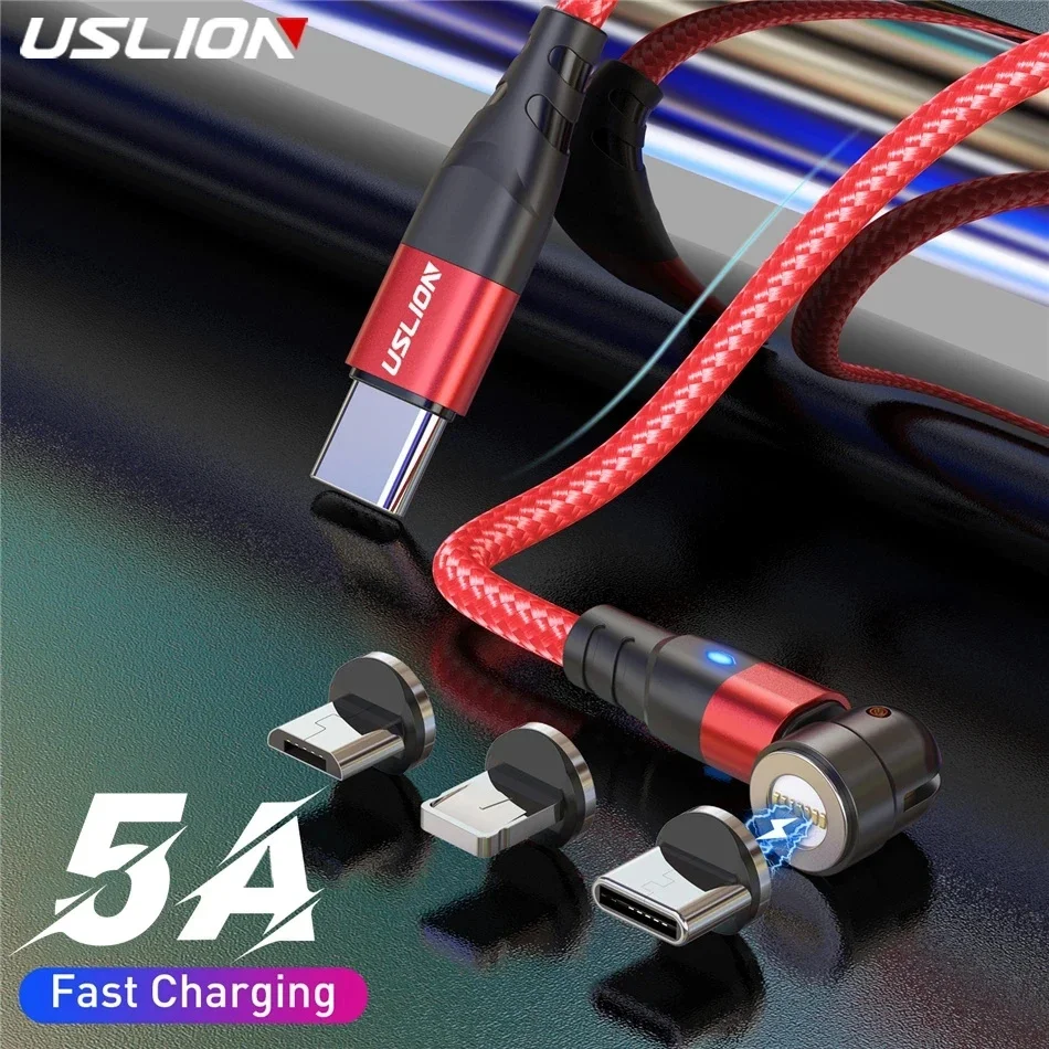 USLION-Cable magnético PD de 60W y 5A, carga rápida QC 4,0 para Huawei tipo C a tipo C, Cable cargador de datos de rotación 540 para MacBook