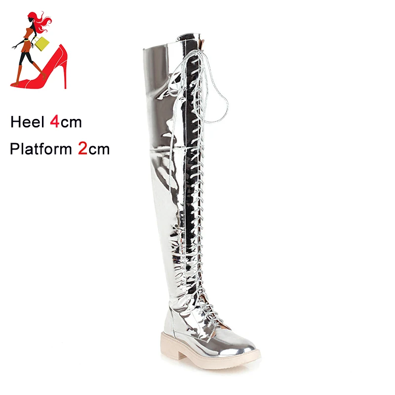 Women Over The Knee High Boots Winter Ladies Shoes Fashion PU Leather Thick Sole Heels Motorcycle Platform Long Boots Big Size