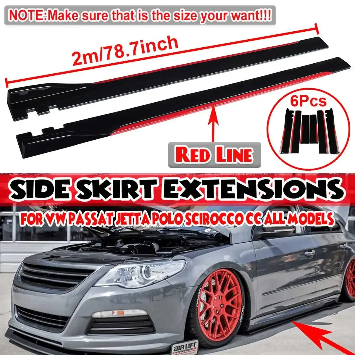 2m Side Skirt Extension Splitter Side Wing Bumper Lip For VW For Polo For GOLF MK5 MK6 MK7 MK7.5 For Jetta For Passat Body Kit