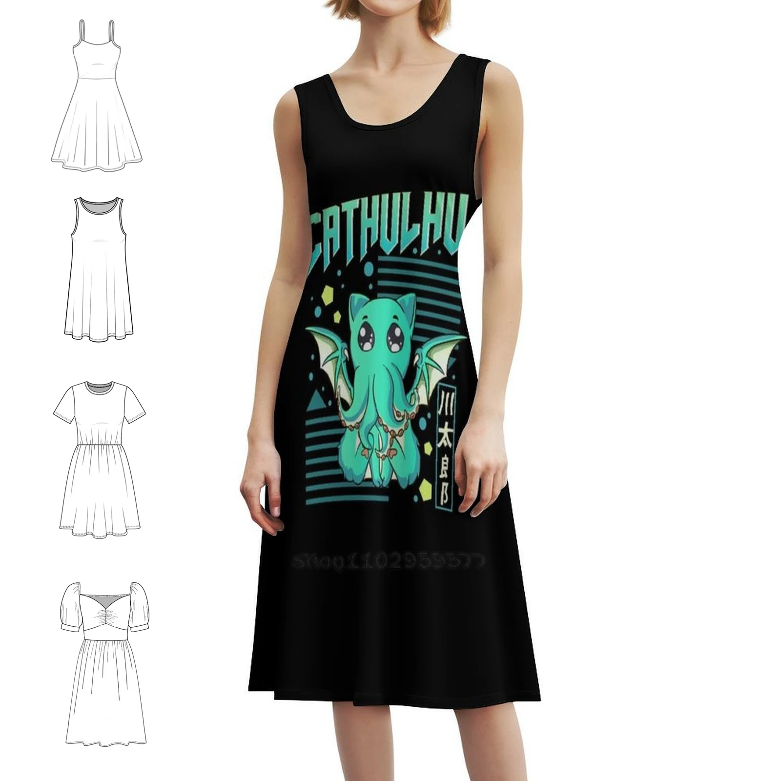 كاثولهو مضحك القط Cthulhu Pun Kawaii أنيمي المرأة الشارع الشهير فستان الحفلات العصرية طباعة نادي الملابس للإناث الكاثولهو #1