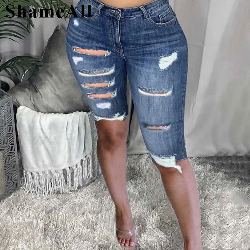 

Women Plus Size Street Fringe Stretchy Skiny Knee Length Denim Pant 5XL Summer Casual Basic Spandex Fifth Jeans Grunge Bermudas