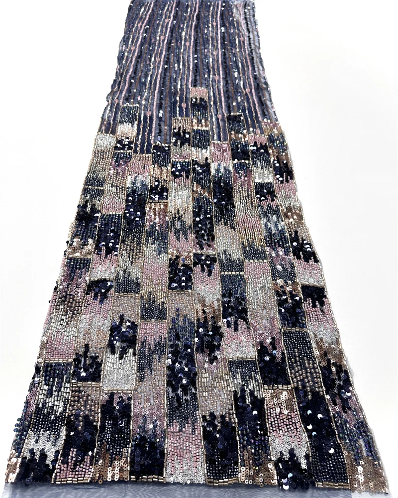Luxury Sequin Beaded African Mesh Lace Fabric 5 Yards Tulle for Wedding Dresses Embroidery Sewing Nigerian Style