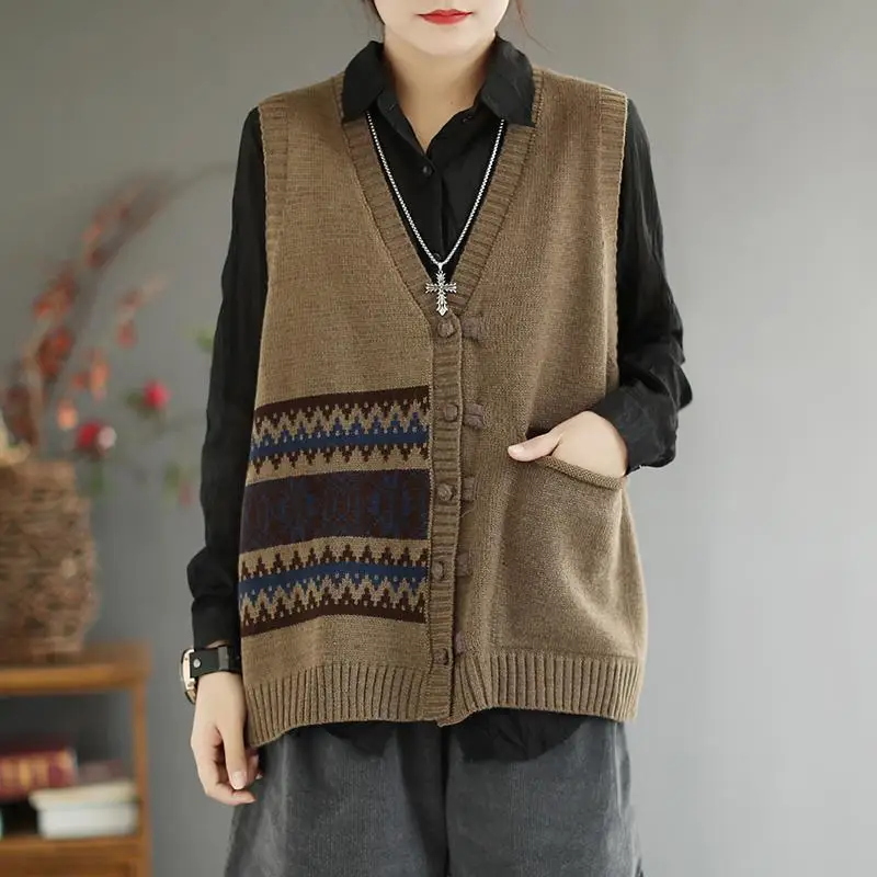 Fashion V-Neck Spliced Button Pockets Casual Vest Sweaters Women\'s Clothing 2023 Autumn Winter Oversized Knitted Commuter Tops