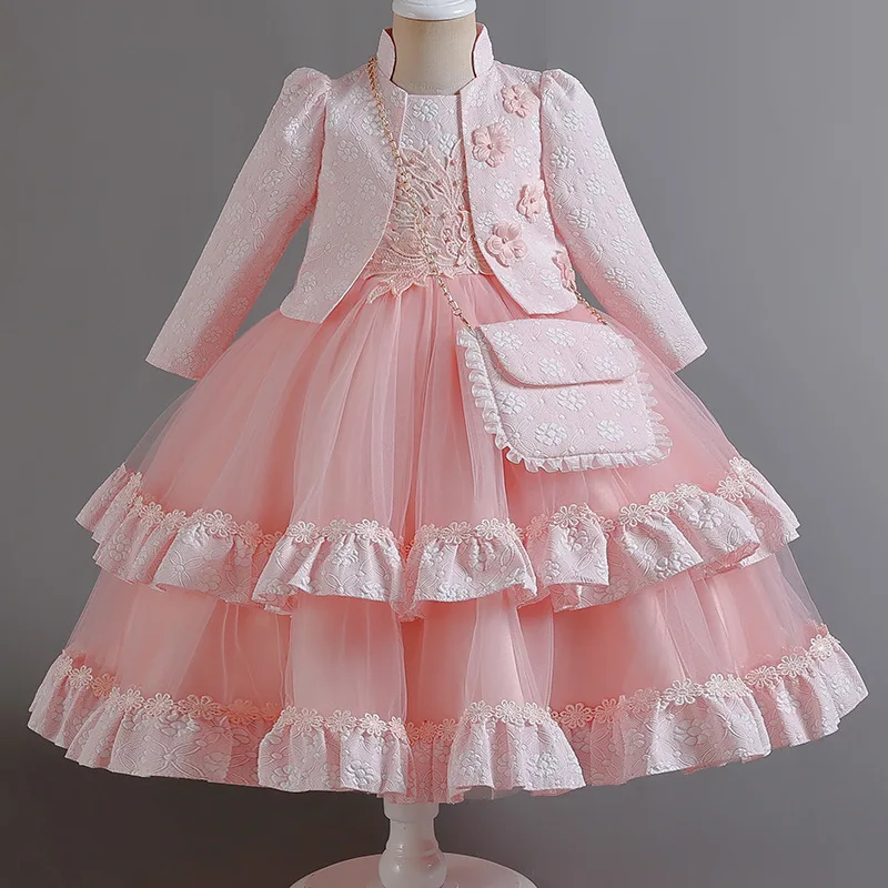 

Girls' Long Sleeve Two-Piece Set Mesh Puffy Dress Autumn Winter Party Performance Princess Dress Wholesale