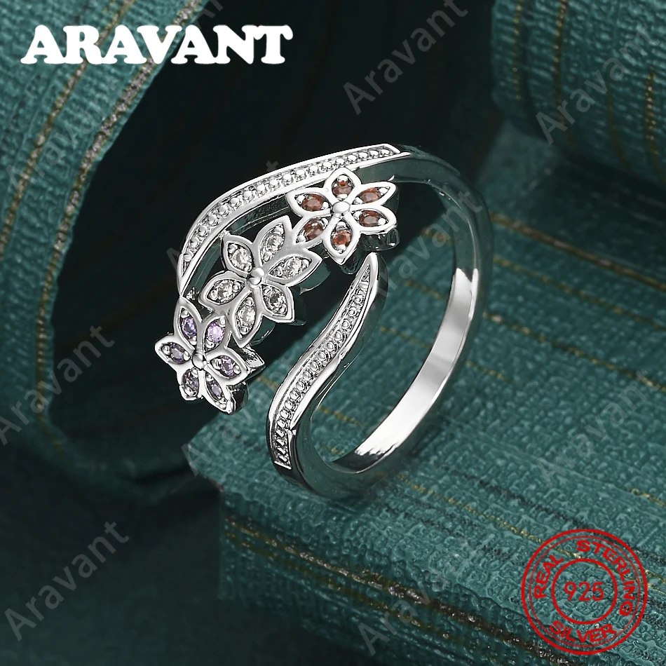 

Открытое кольцо из стерлингового серебра 925 пробы в форме цветка с разноцветными цирконами для женщин, винтажный стиль, персонализированный аксессуар, подарок, украшение