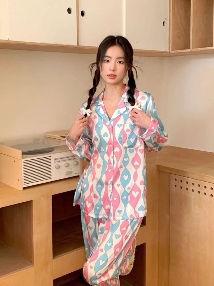 

2024 Thin Simulation Silk Blue Pink Love Pajama Suit Women's New Children's Fun Lapel Loose Top+Pants Outwear Home Wear Trendy