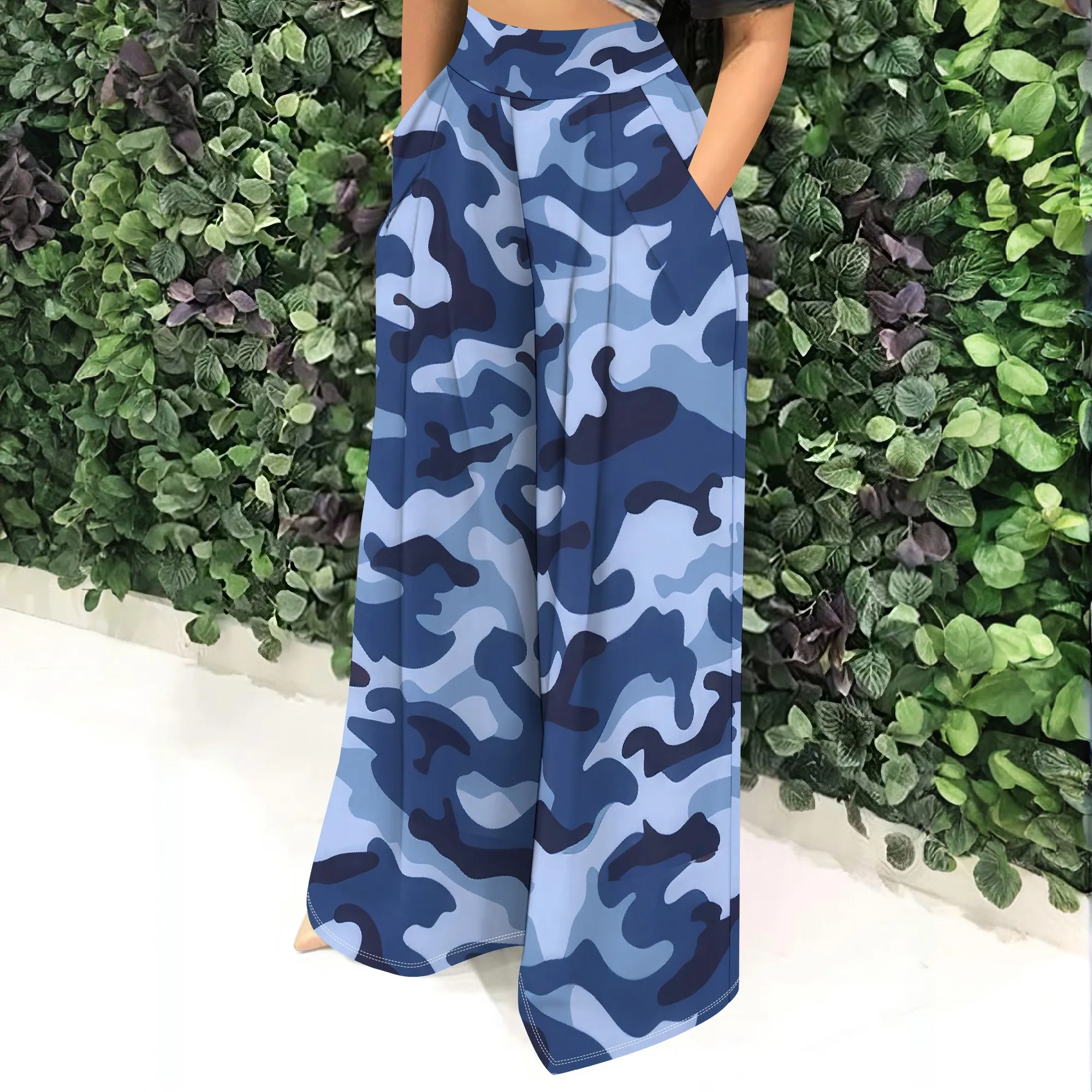 Blue Camo Wide Leg Pants, High Waist Trousers, Loose Fit Bottoms, Casual Streetwear, Pockets, S-2XL