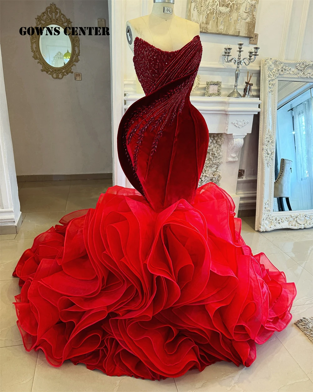 Popular Red Strapless Aso Ebi Evening Dresses 2025 Beads Rhinestones RuffleS Train Mermaid African Wedding Party Gown Customized