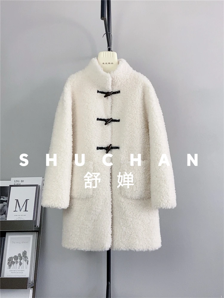 100% casaco de lã feminino novo quente nova jaqueta de lã de cordeiro gola alta chifre fivela casaco de inverno feminino