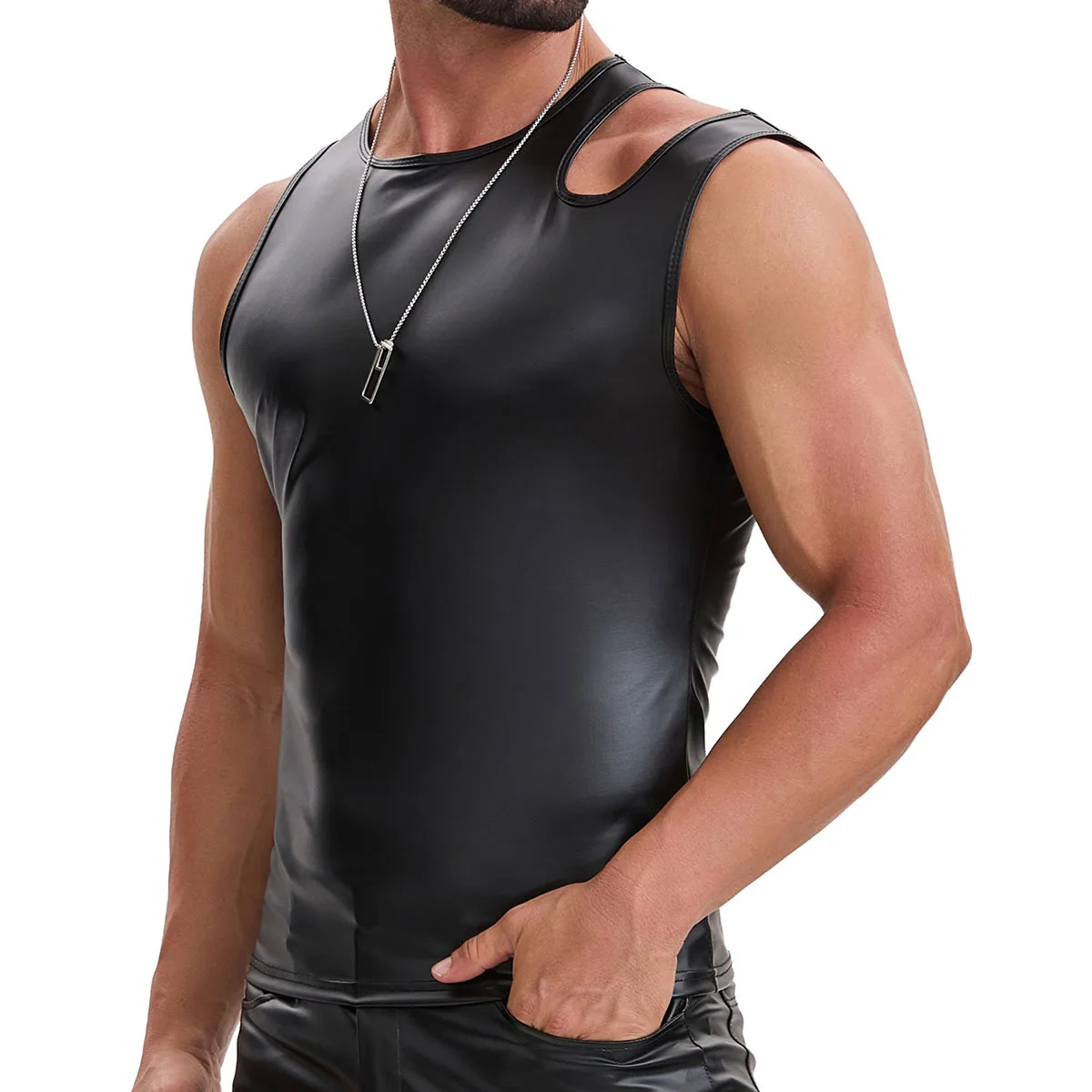 Men Wet Look Faux Leather Tank Tops Hollow Shoulder Strap Tee Solid Black Muscle Party Night Clubwear High Elastic Slim Vest