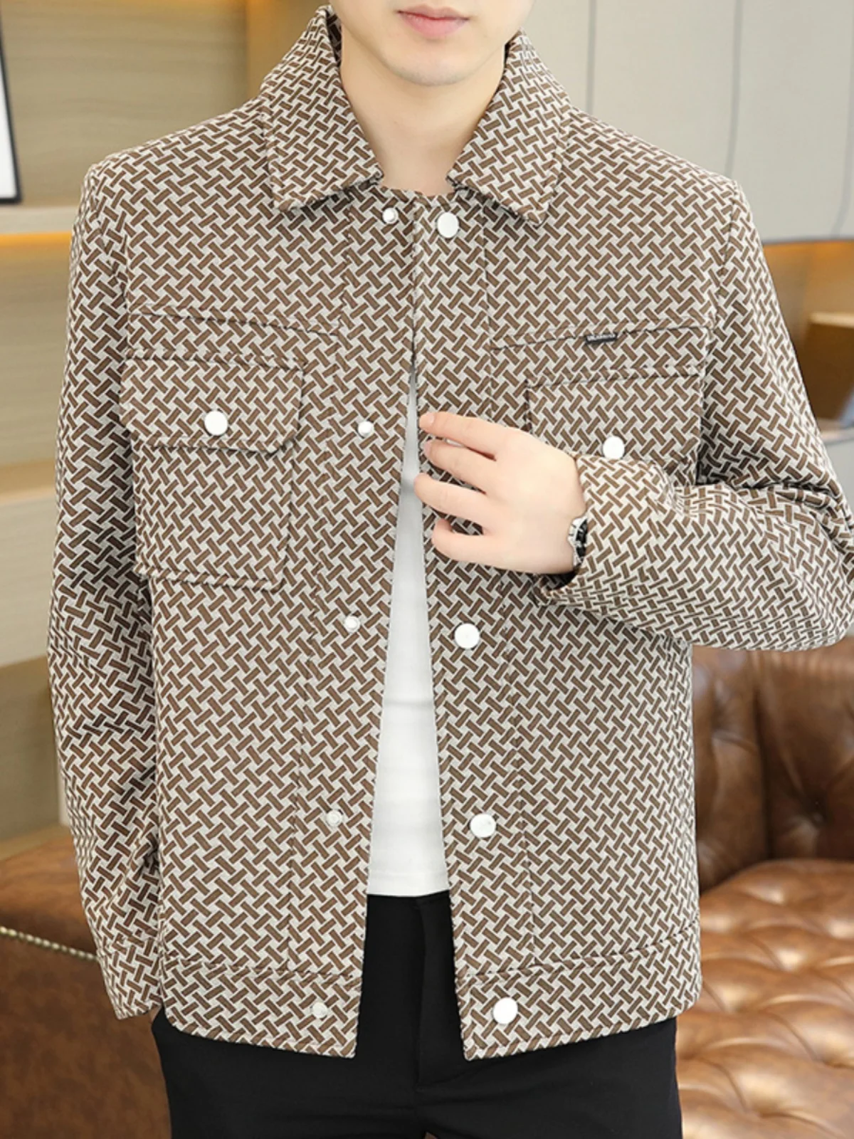 

Мужская шерстяная куртка в клетку с отложным воротником, модная, осенне-зимняя, новинка, молодежная, приталенная, верхняя одежда, стильное пальто