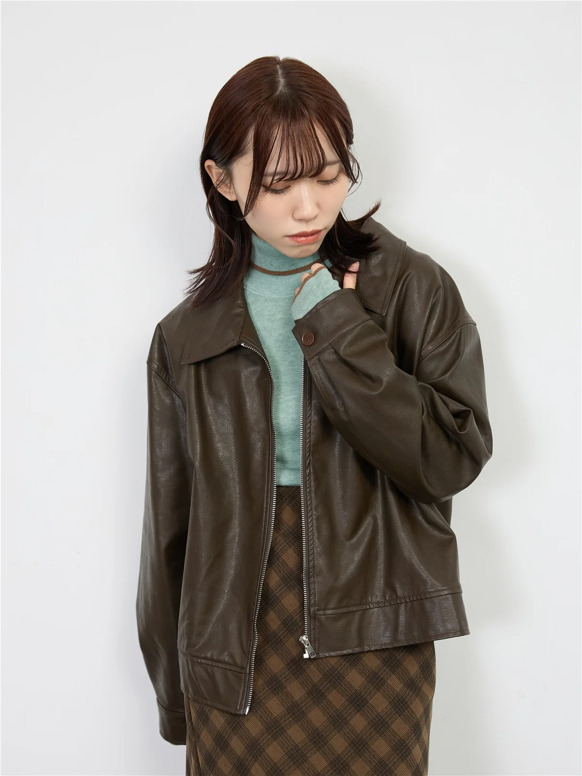 American Sle Retro Brown PU Leather Jaet Women's Spring Autumn Loose Casual Motorcycle ort Top Hong Kong Sle Zipper