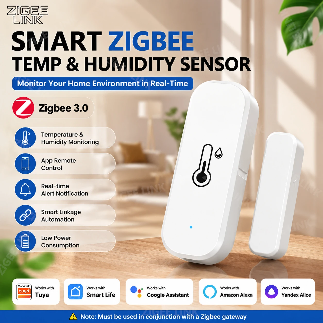 Détecteur de température et d'humidité sans fil Zigbee, hygromètre d'intérieur haute précision, surveillance à distance par application, alarme, nécessite un concentrateur passerelle Zigbee