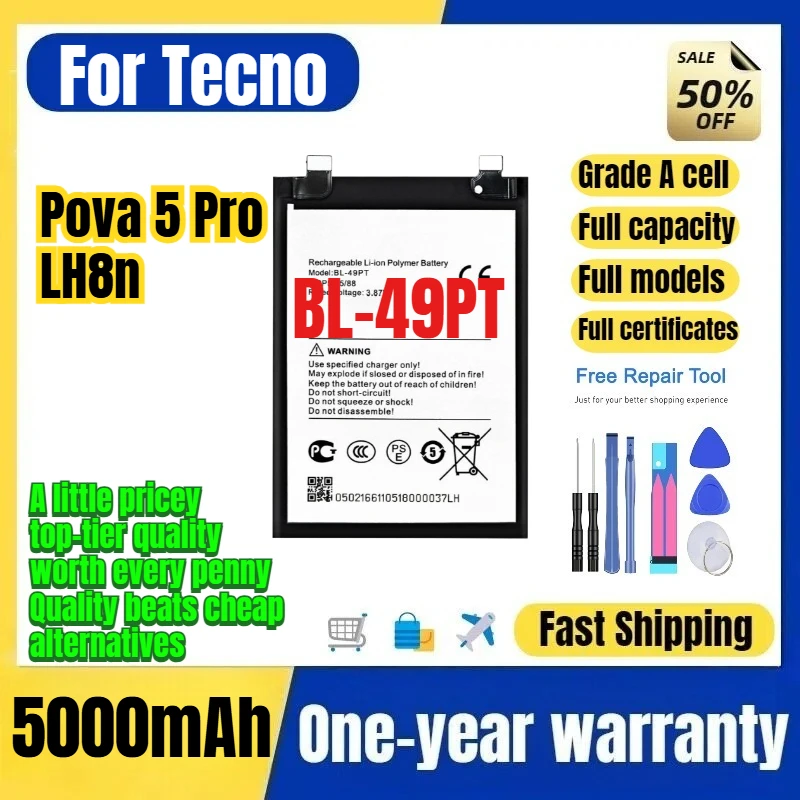 BL-49PT for Tecno Pova 5 Pro/LH8n Phone Battery 0Cycle High Quality Capacity Battery Replacement Bateria Grade A Cell with Tools