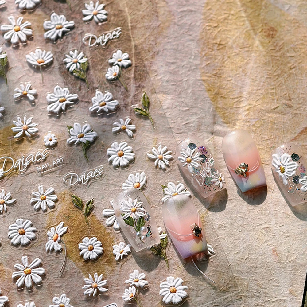 

Wildflower White Fresh Daisy Flowers Lovely 5D Soft Embossed Reliefs Self Adhesive Nail Art Decorations Stickers Manicure Decals