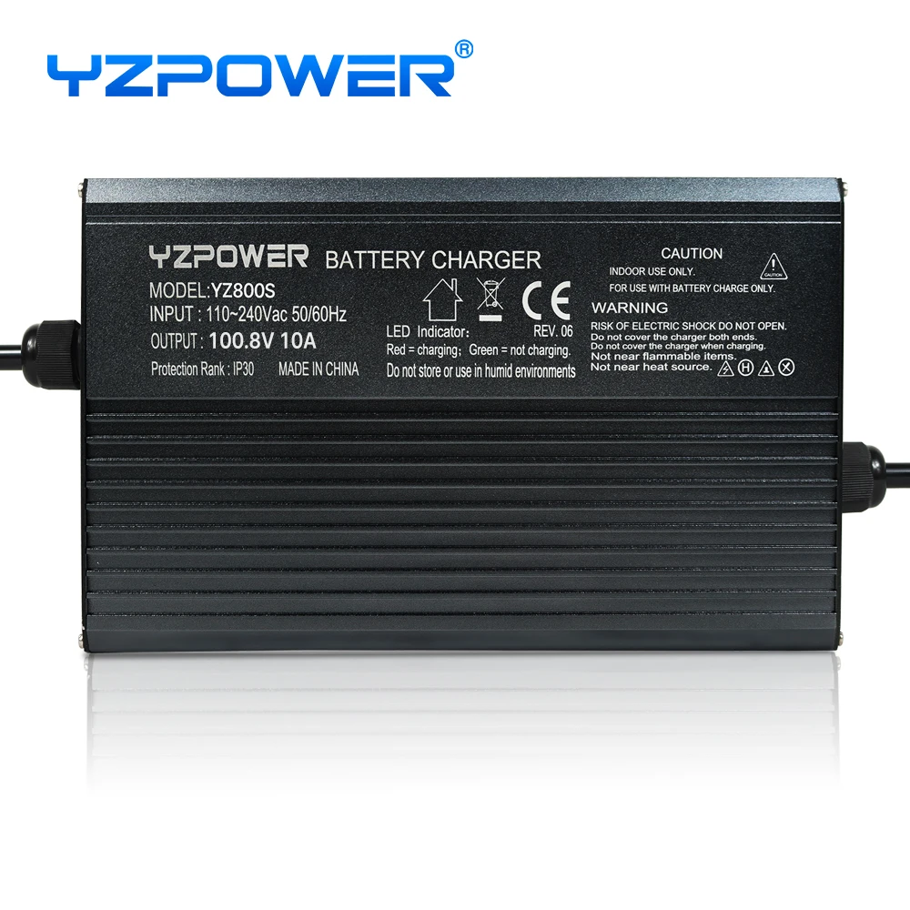 YZPOWER 100.8V 8A lithium battery charger 24S 90V high power charger input 110-240Vac DC high efficiency charging with fan