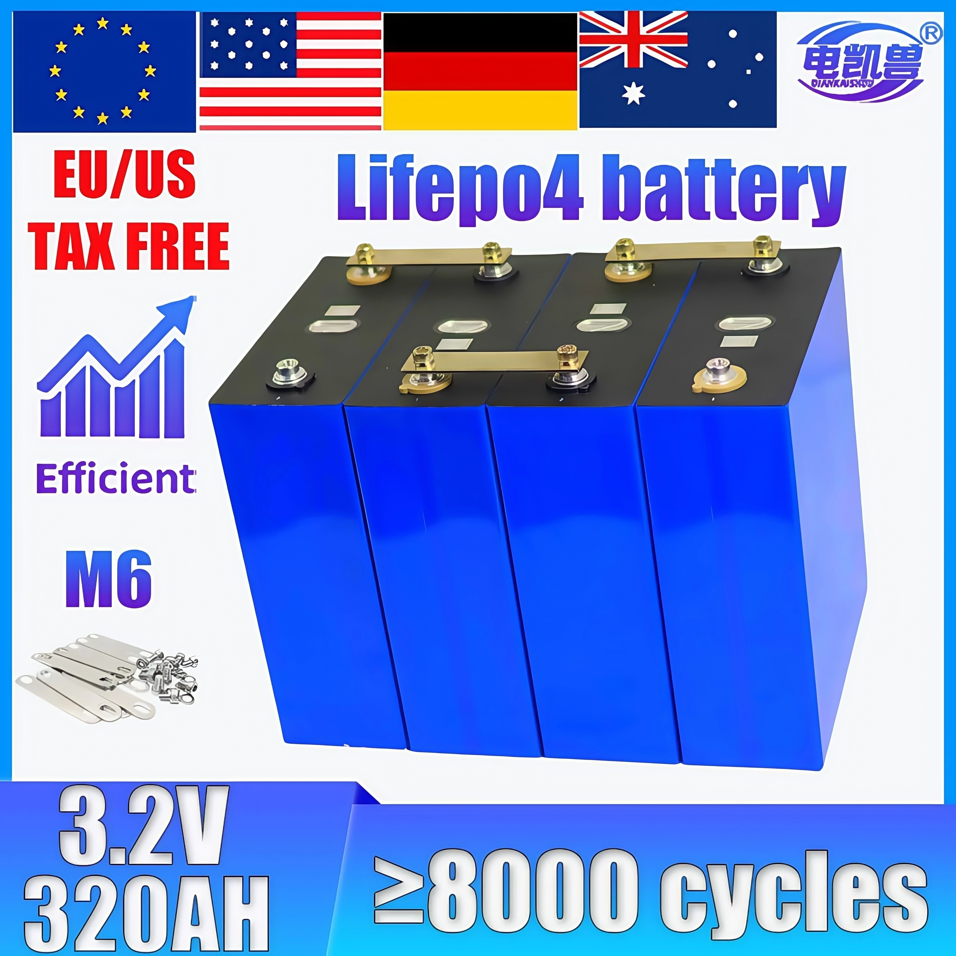

DIANKAISHOU 3.2V 320Ah LiFePO4 Battery Lithium Iron Phosphate Rechargeable Cell DIY 12V 24V 48V EV RV Golf carts tax free