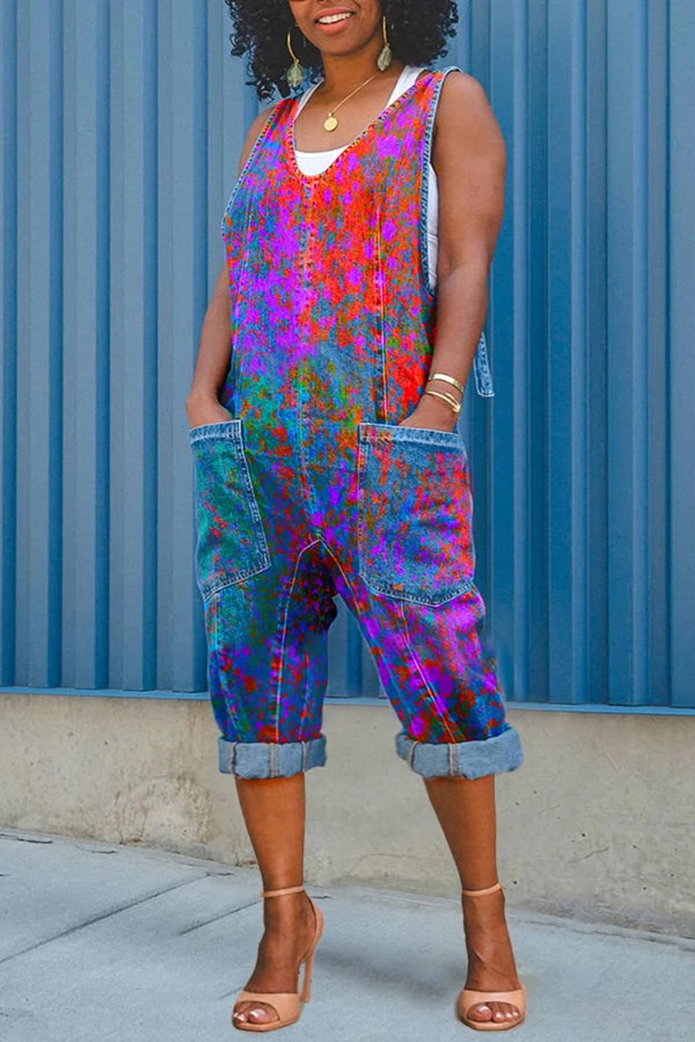

Plus Size Daily Blue Casual Tie Dye V Neck Pocket Denim Jumpsuits
