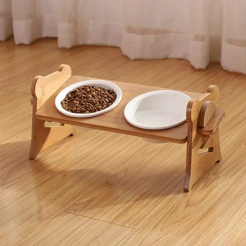 

Cat Dish Supplies Table Pets Food Double Dog Bowl Stand Feeder Cute Wooden Raised Pet Ceramic Water