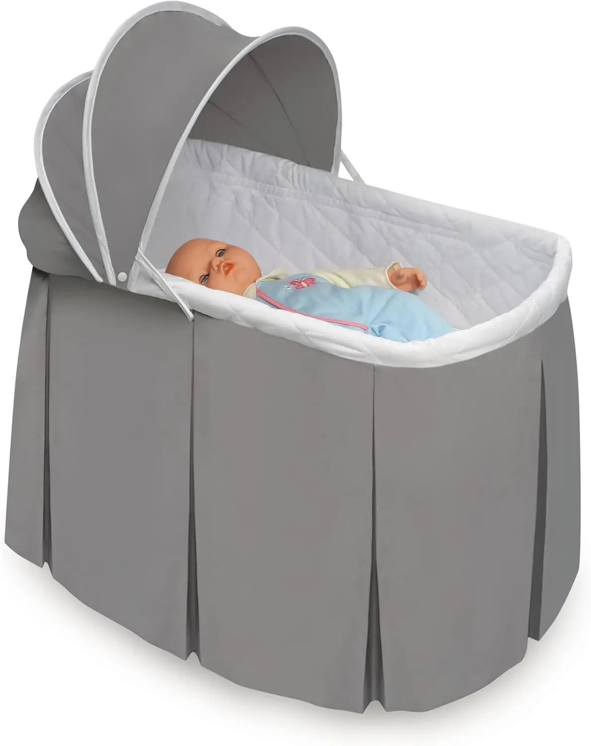 Doll Bassinet with Canopy for 18-20 Inch Dolls, Includes Storage Basket and Bedding - Gray Nursery Bed
