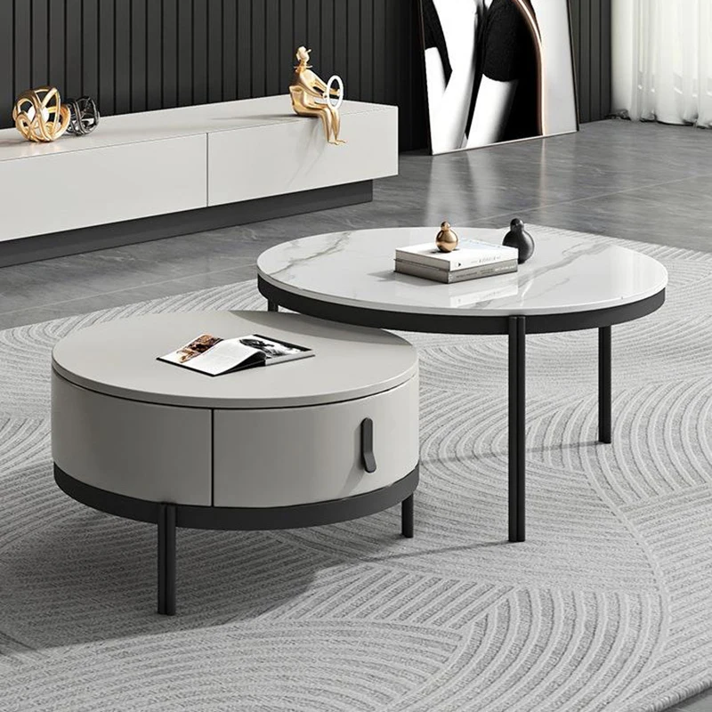 طاولة القهوة الفاخرة الاسكندنافية وحامل التلفزيون مجموعة الحديثة الحد الأدنى قابل للسحب لوحة الصخور المستديرة - أثاث غرفة المعيشة المصممة FYCT