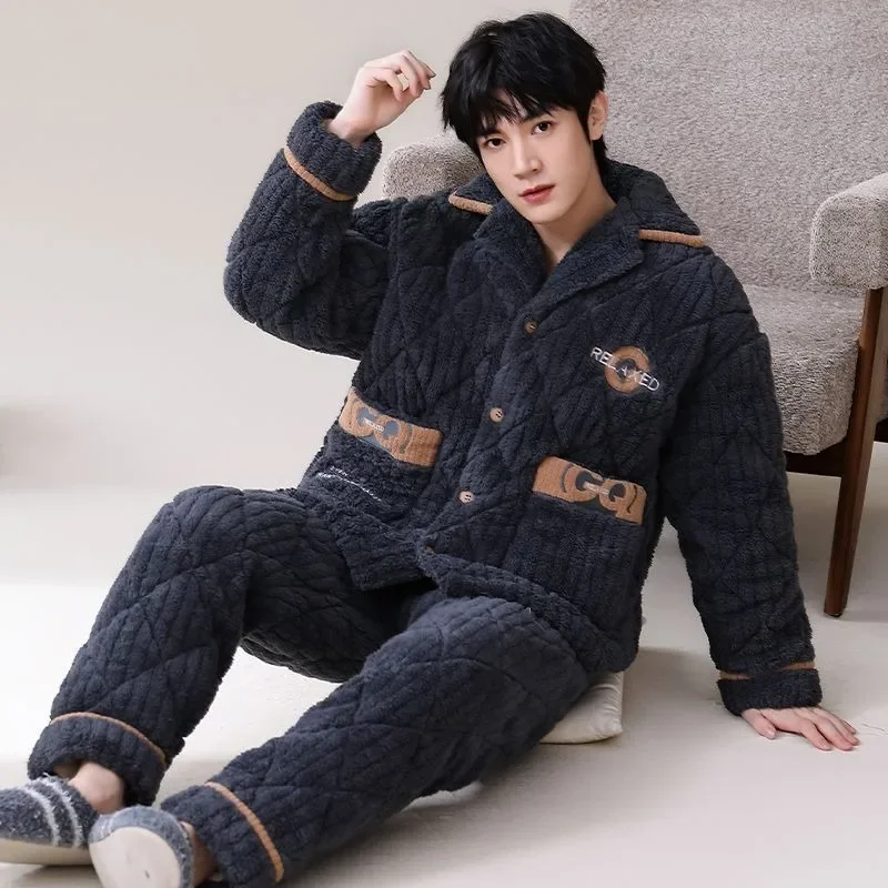 Winter New Coral Fleece Three-Layer Quilted Men Pajamas Fleece-lined Thicken Youth Flannel Warm Loungewear Large Size Sleepwear