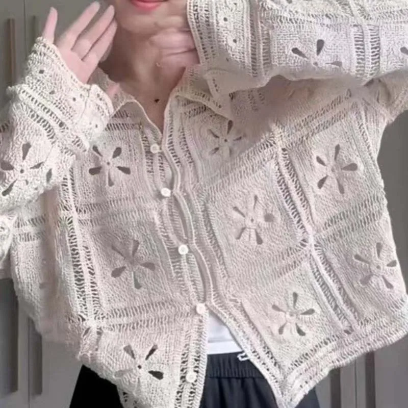 보링 허니 레트로 크로셰 뜨개질 속이 비치는 가디건, 초가을 신상 라펠 고품질 올매치 탑 싱글 버튼 가디건 코트