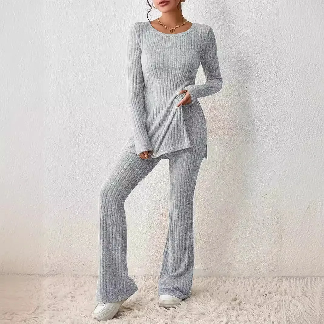 Tshirt Sets Women Solid Color Autumn Fashion Trousers 2 Piece Sets Outfits Casual Slim Fit Long Sleeve Ribbed Sweater Feel