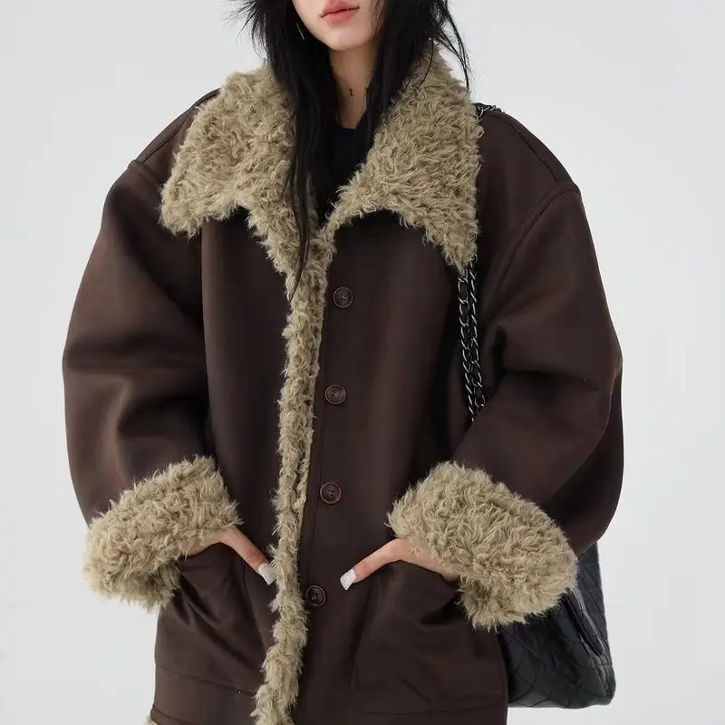 Women Blend Wool Coat 2025 New Retro Two Side Wear Lamb Fur Lined Thickened Cotton Coat Warm Women's Casual Coat