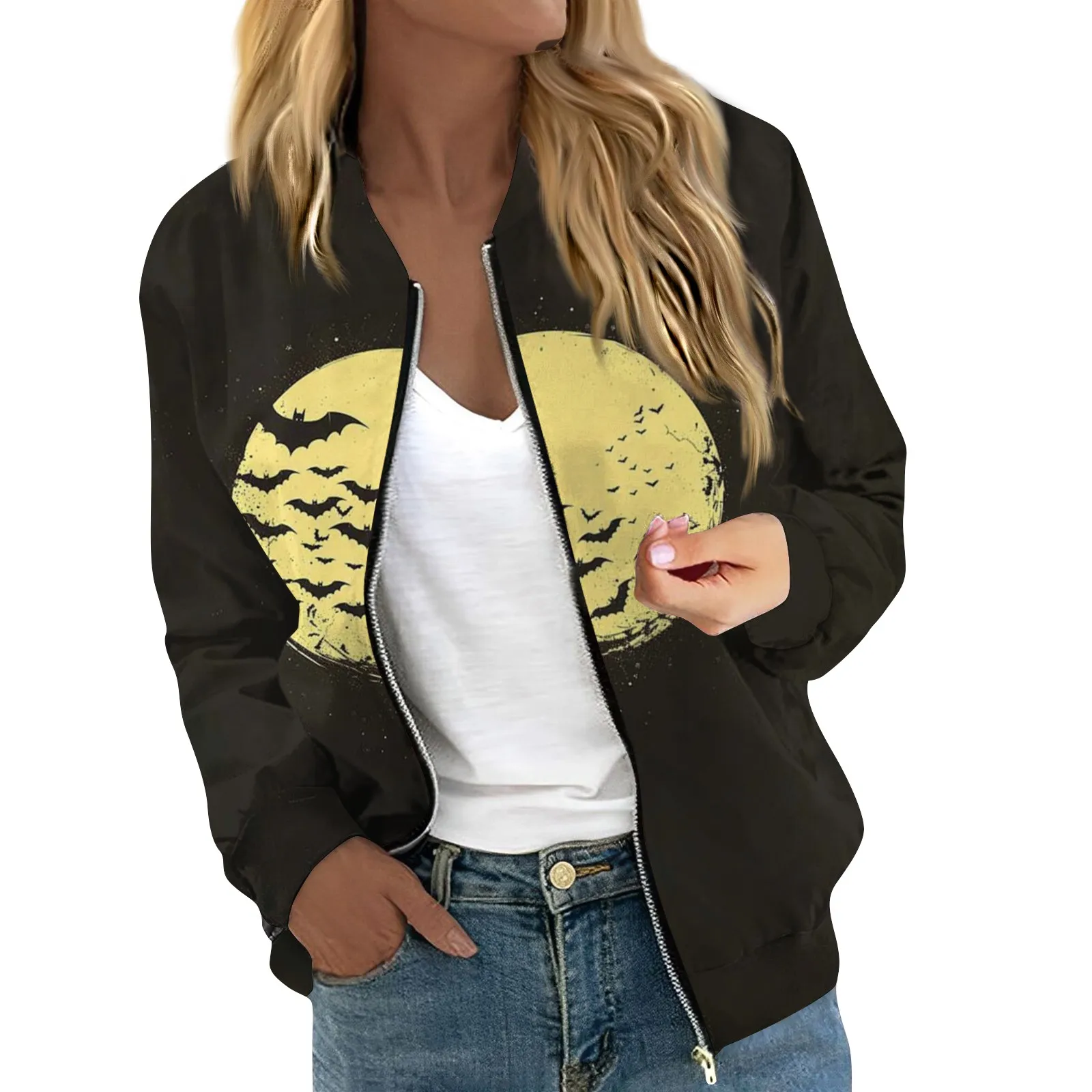 Women\'s Halloween Print Jacket Fashion Casual Long Sleeve O-Neck Zipper Jackets Top Fall all-match coat Women\'s autumn clothes