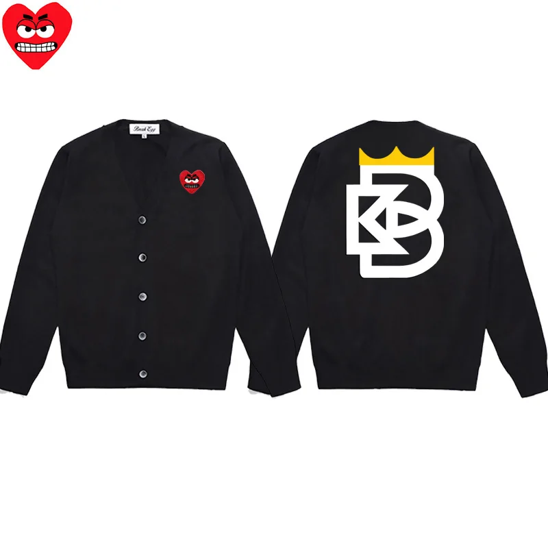 Cardigan da uomo con stampa bianca nera in cotone fresco con ricamo a cuore con scollo a V monopetto a maniche lunghe maglione autunnale