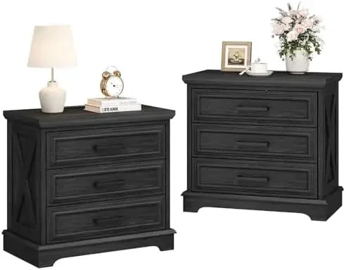 24 Inch Wide Farmhouse Nightstands Set of 2 with Charging Station, Dark Gray Nightstand with 3 Large Drawers, Rustic