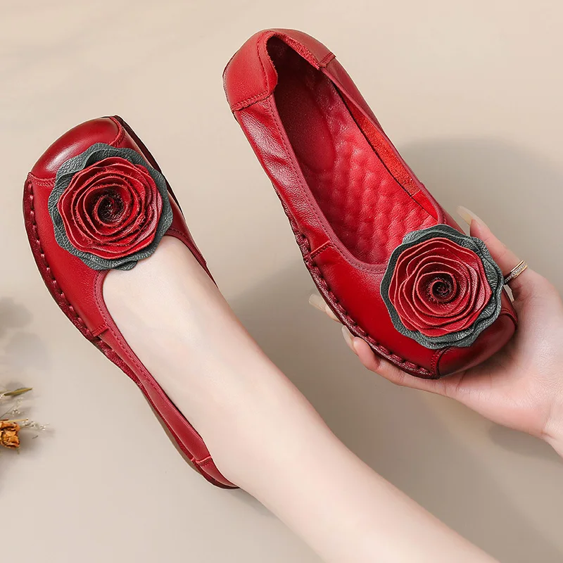 

New Flower Slip On Wedding Dress Shoes Women Cow Leather Vintage Flats Ladies Luxury Handmade Comfort Casual Wedge Heel Loafer