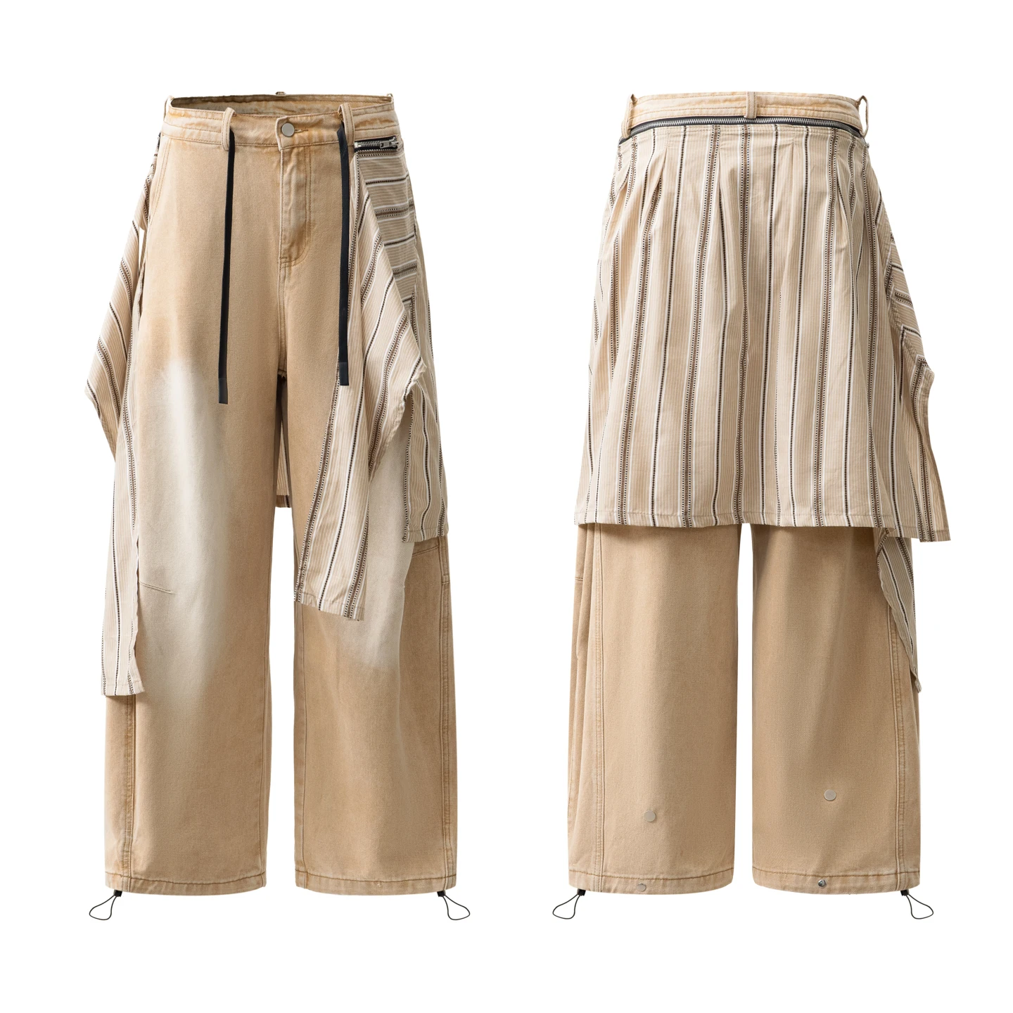 남녀 공용 탈부착 가능한 체크무늬 스커트 스트리트웨어 패션 힙합 루즈 캐주얼 데님 카고 바지 유니섹스 바지