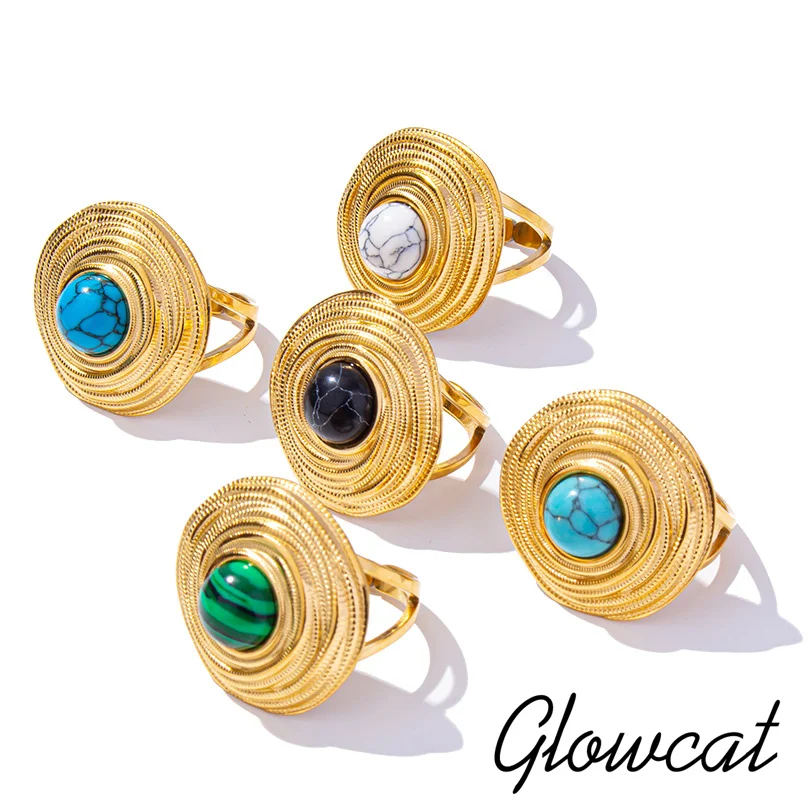 Glowcat Retro Wrapped Circle Eye Ring Open Adjustable Stainless Steel Jewelry Black/White/Blue Turquoise Rings For Women Men